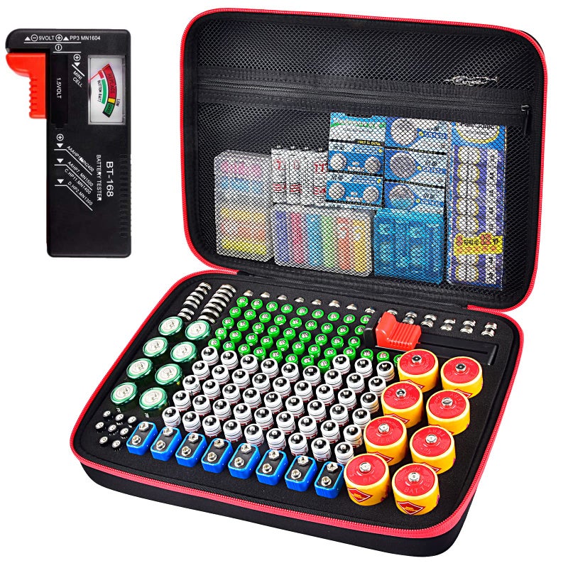 ALKOO Battery Organizer Storage Holder Case Box with Tester Checker BT-168. Holds 225 Batteries AA AAA C D Cell 9V 3V Lithium (Red) - Image 1